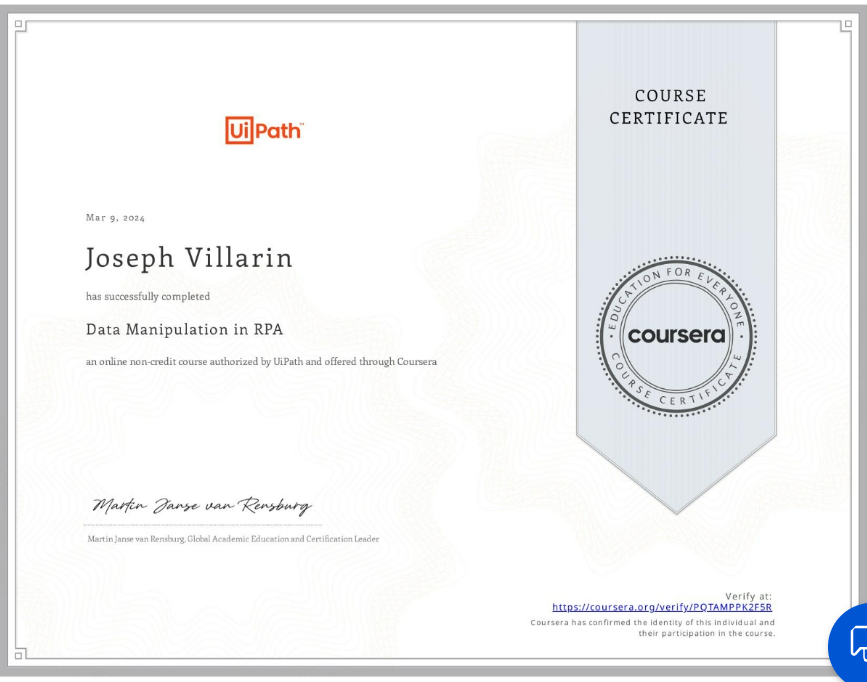 Data Manipulation in RPA certificate